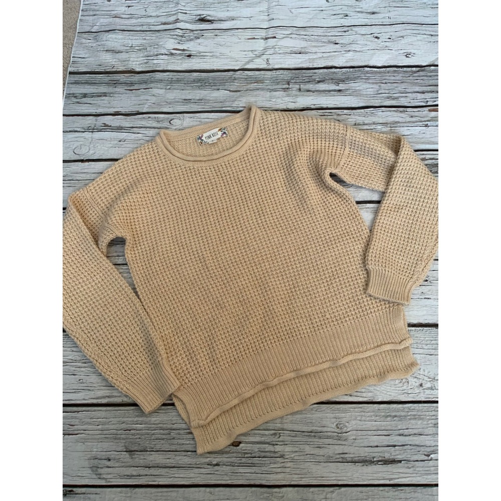 Pink Rose Womens Tan Waffle Knit Sweater Crew Neck High Low Hem Small - Picture 1 of 3